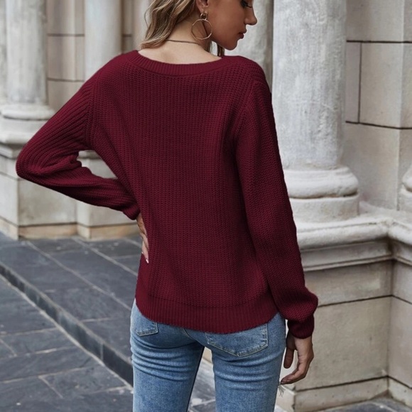 Soft knit solid ribbed crew neck sweater burgundy - Picture 2 of 10